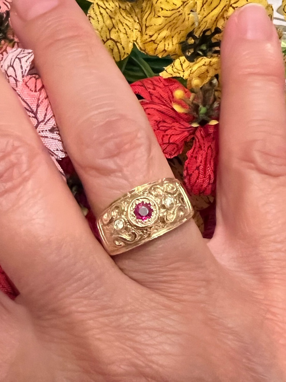 14k Solid Yellow Gold Etruscan Ruby & Diamond Ring